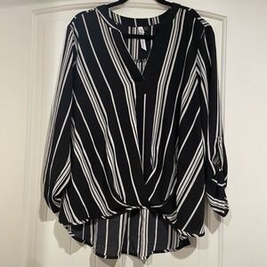 NY Collection Black White Stripe Womens Roll Tab Sleeve Top Shirt Size XL Blouse